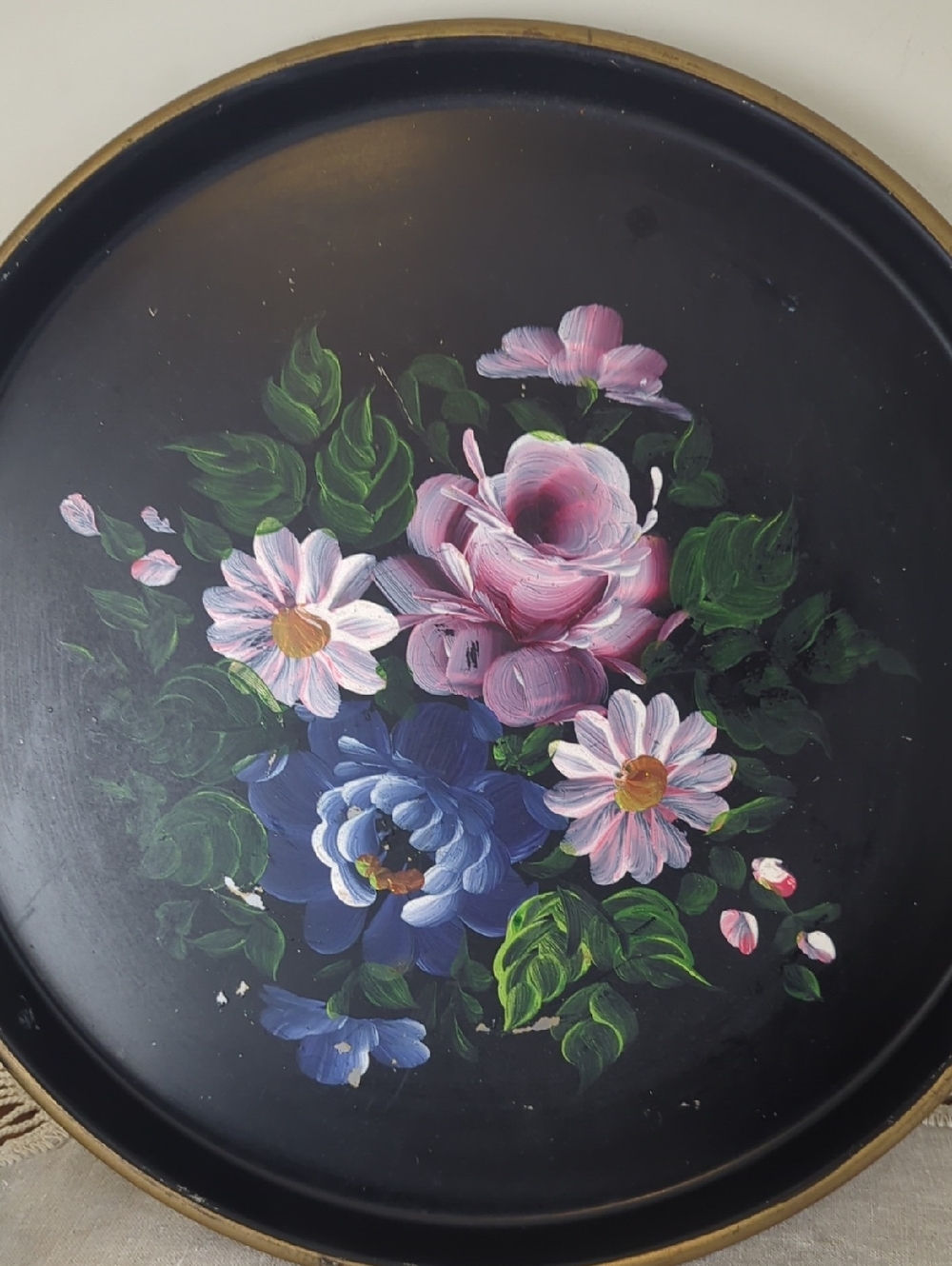Vintage Floral Tole Tray Vanity Wall Romantic Cottagecore Painted Metal Tray